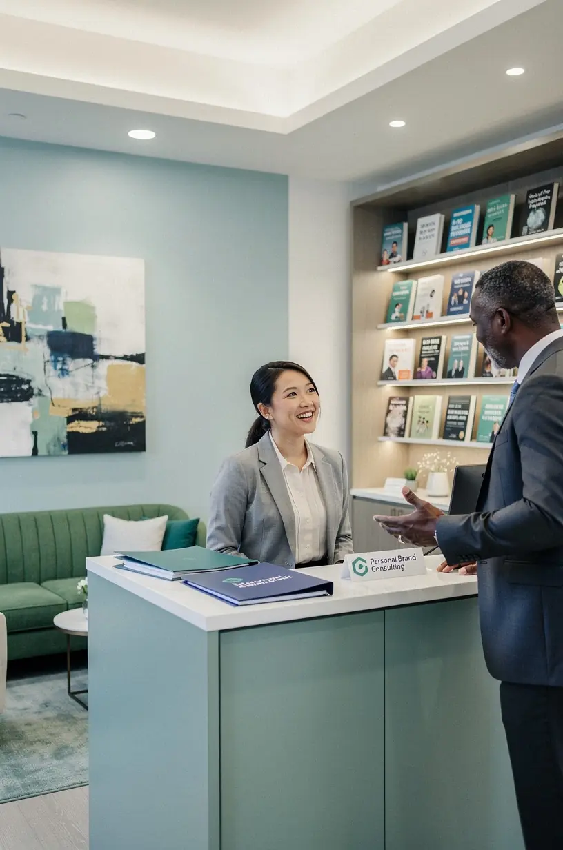 Konsultant prowadzący sesję doradczą z klientem, skupiony na strategii budowania autorytetu i wiarygodności.