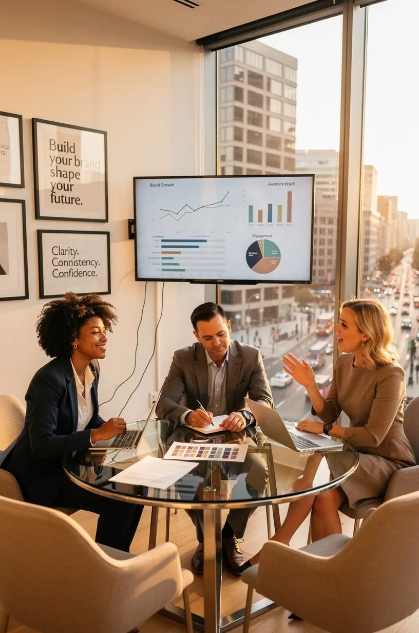 Zespół ekspertów pracujący nad planem rozwoju marki osobistej, analizujący dane i mierzący efektywność działań.